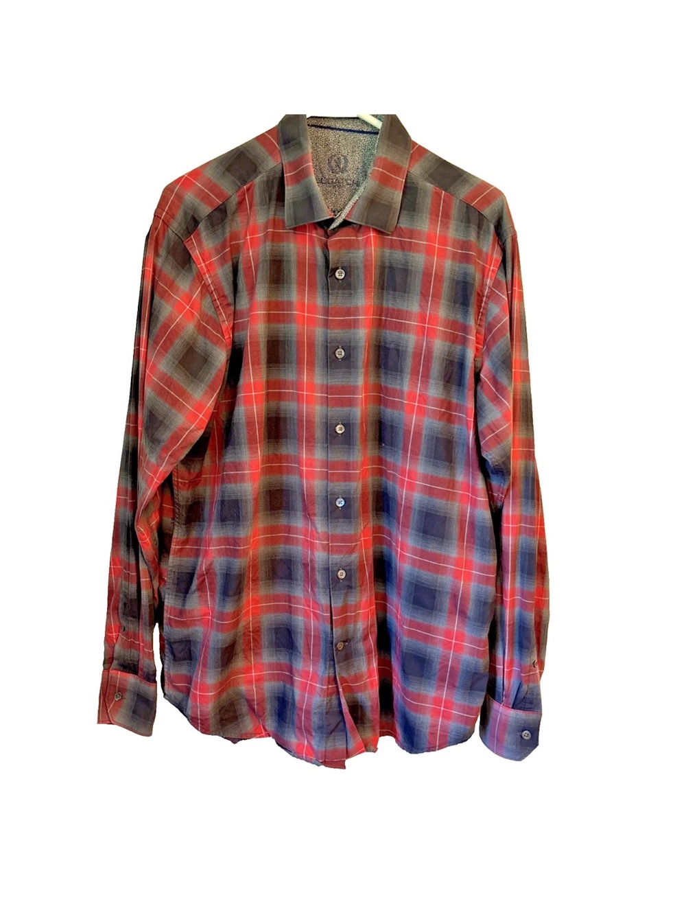 Bugatchi Uomo XL Menโs Plaid Shirt Red Gray Black 100% Cotton Long Sleeve